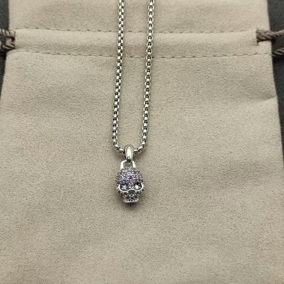 David Yurman Jewelry - David Yurman Silver Skull Pendant Necklace with Light Purple Crystal Accents